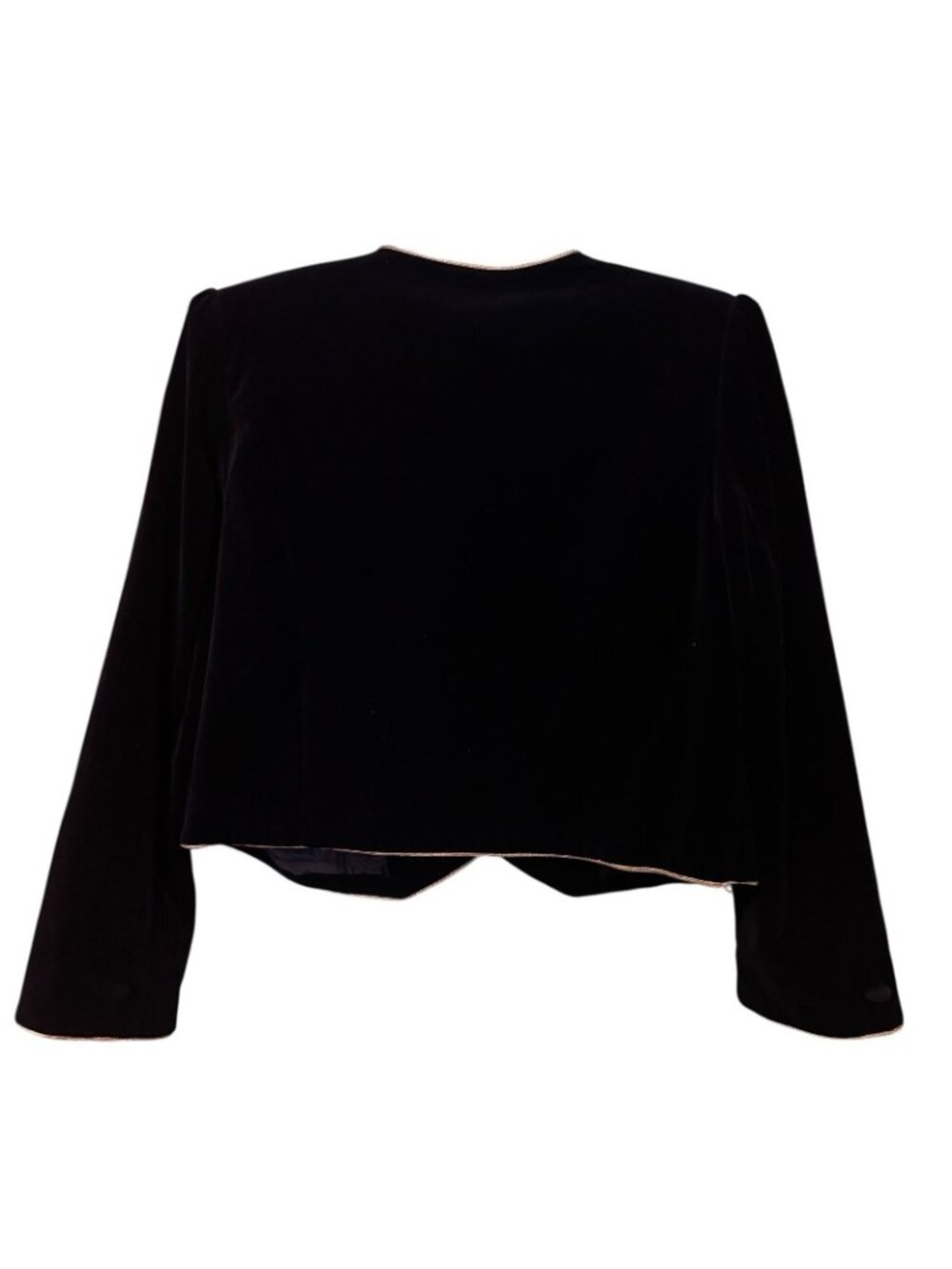 Black Velvet Bolero Jacket Women's Size 14 Gold Piping Lined Buttons Vintage 90s - Picture 2 of 15